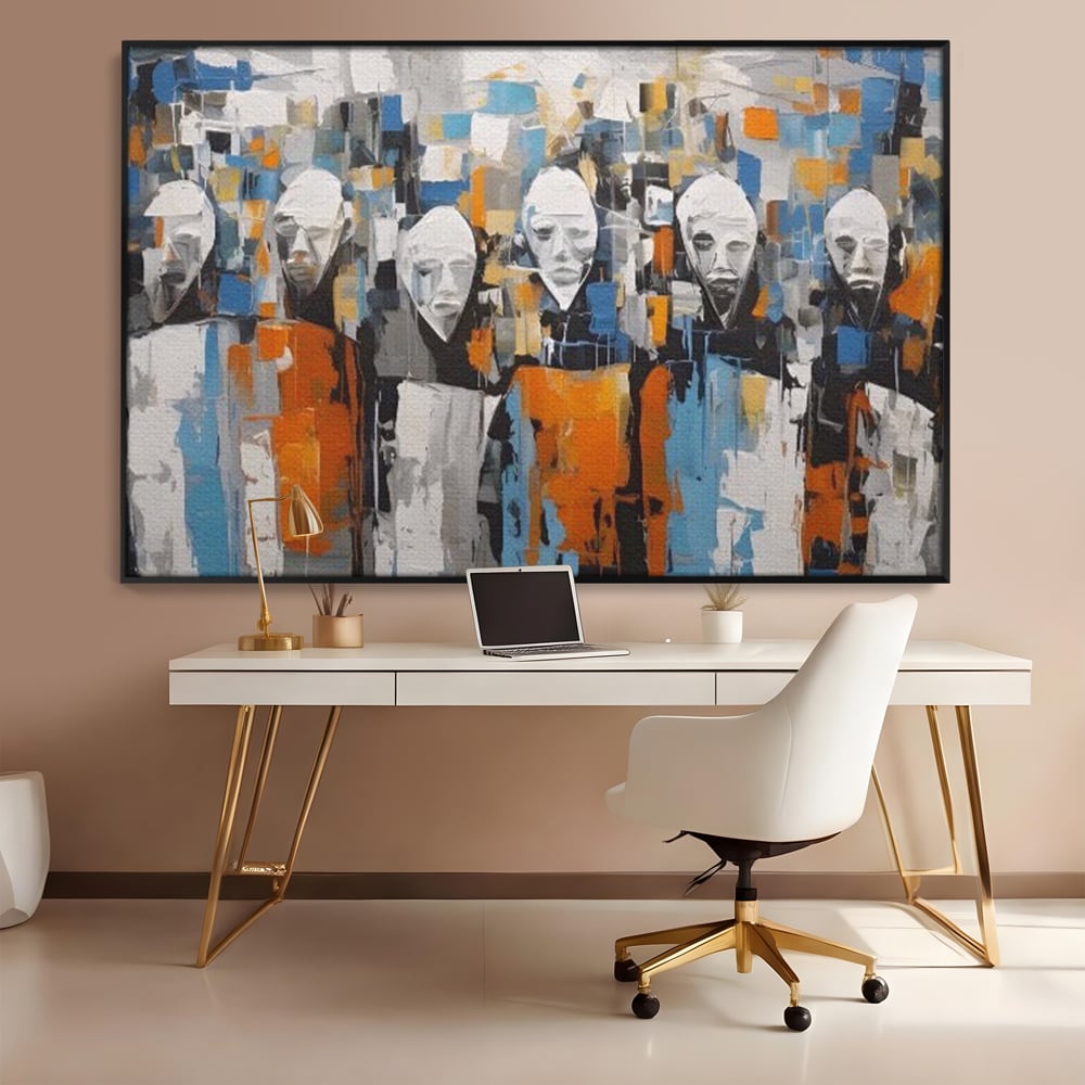 Tablou canvas cu tablou canvas cu chipuri multiple stilizate, in rama de aluminiu negru, pe perete intr-un birou